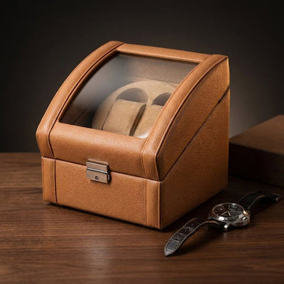Bey-Berk 2 Watch Winder Crafted for Automatic Timepieces, Glass Top, Dual Pillow Slots, 2 Watch Capacity, Tan Leather
