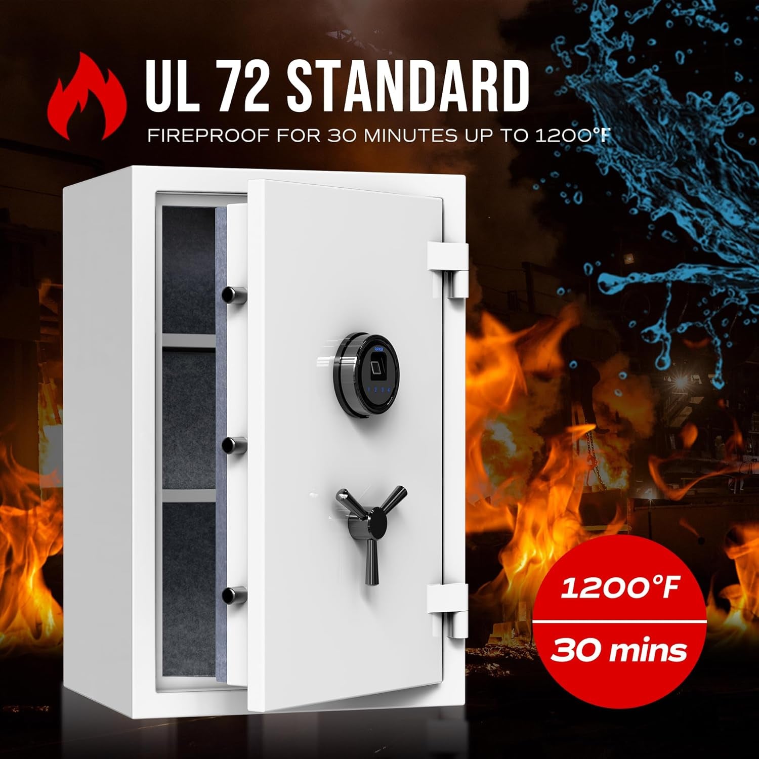 Deluxe Biometric Safe Box,Digital Fingerprint Fireproof Waterproof Safe with Touch Screen,Removable Shelf and 3 Spoke Handle,Home Safes for Cash Documents Jewelry,2.12 Cubic Feet,White