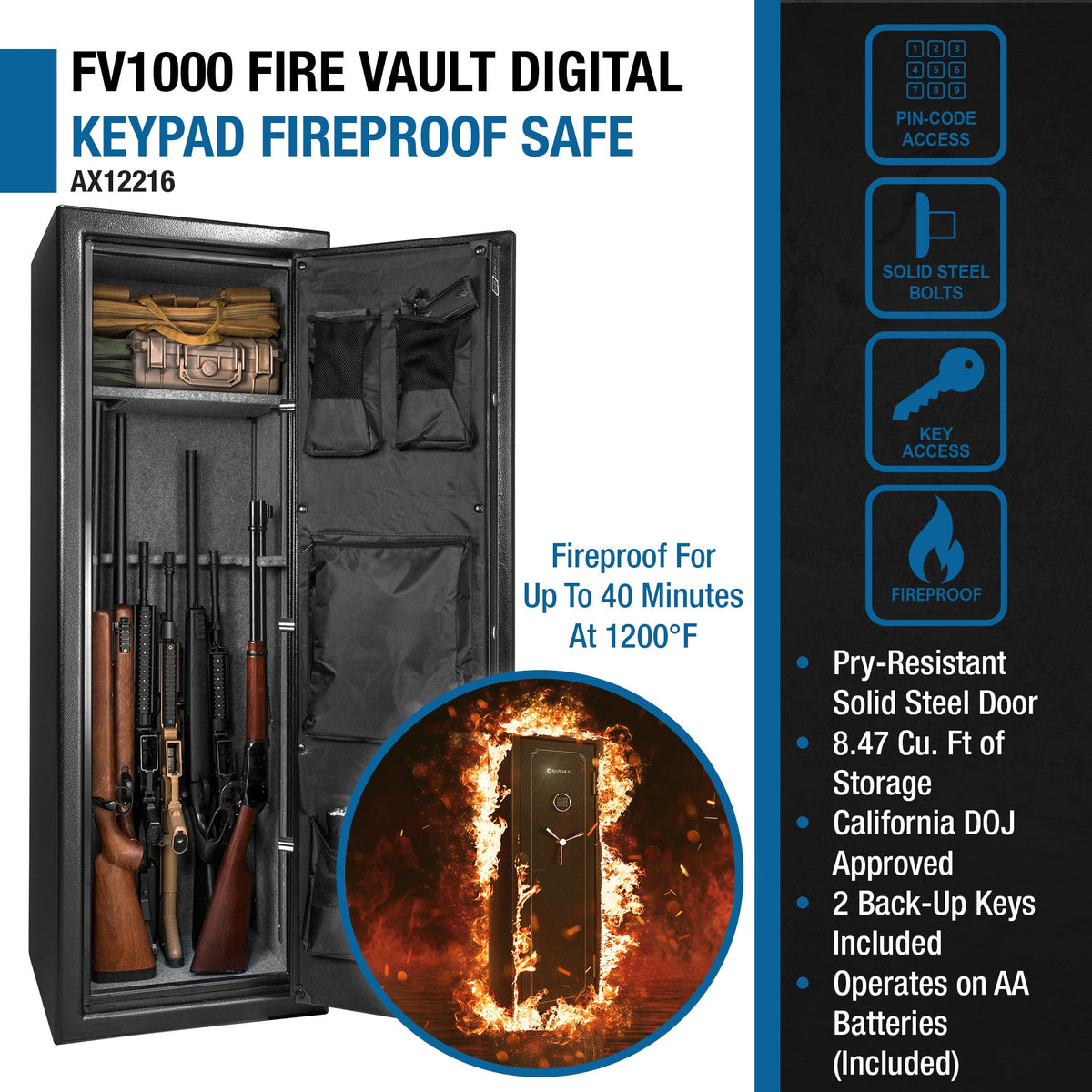 Barska Tall Fire Resistant Safe - 12.30 cu ft Exterior, 8.48 cu ft Interior, 14-Position Rifle Rack, Keypad with Backup Keys, Black