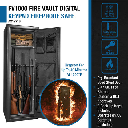 Barska Tall Fire Resistant Safe - 12.30 cu ft Exterior, 8.48 cu ft Interior, 14-Position Rifle Rack, Keypad with Backup Keys, Black