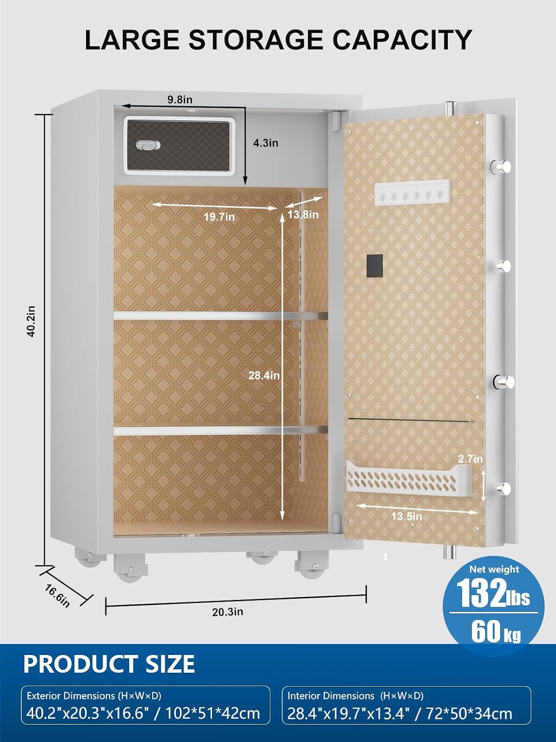 Large Safe with Touchscreen Digital Keypad for Home, 7.2 Cu Ft | 132 Lb Steel Safe, Organized Interior, LED Light, External Battery Backup, Jewelry & Document Storage, Bedroom & Closet Use
