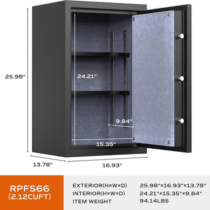 Biometric Fingerprint Fireproof Safe Box,Digital Fire Proof Safe with 3 Spoke Handle,Touch Screen and Removable Shelf,Fireproof Home Safes for Money Documents Jewelry and More,2.12 Cubic Feet