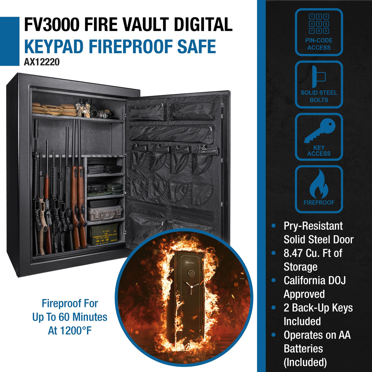 Barska Tall Fire Resistant Safe - 19.97 cu ft Interior, Keypad, 45-Gun Capacity, Black, AX12220