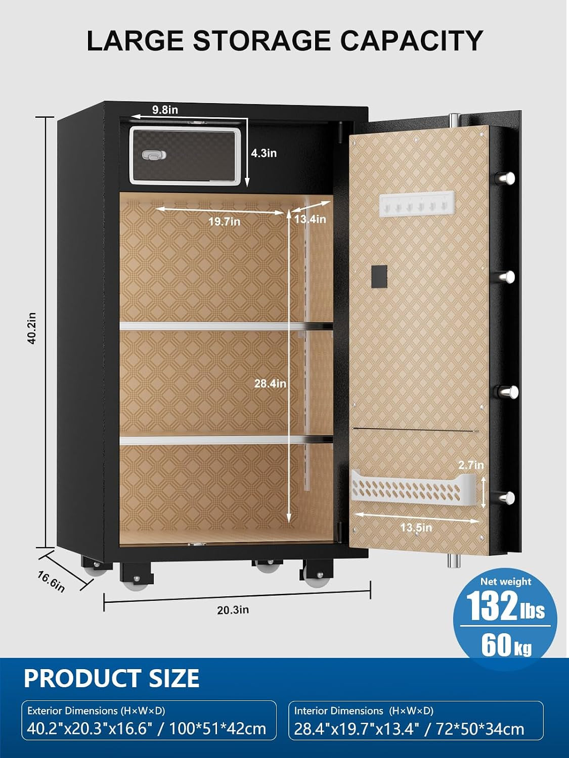 Large Safe for Home 7.2 Cu Ft, Touchscreen Digital Keypad Lock | Heavy Duty Steel Safe, 132 Lb, External Battery Backup, Jewelry & Document Storage, Home & Office Use