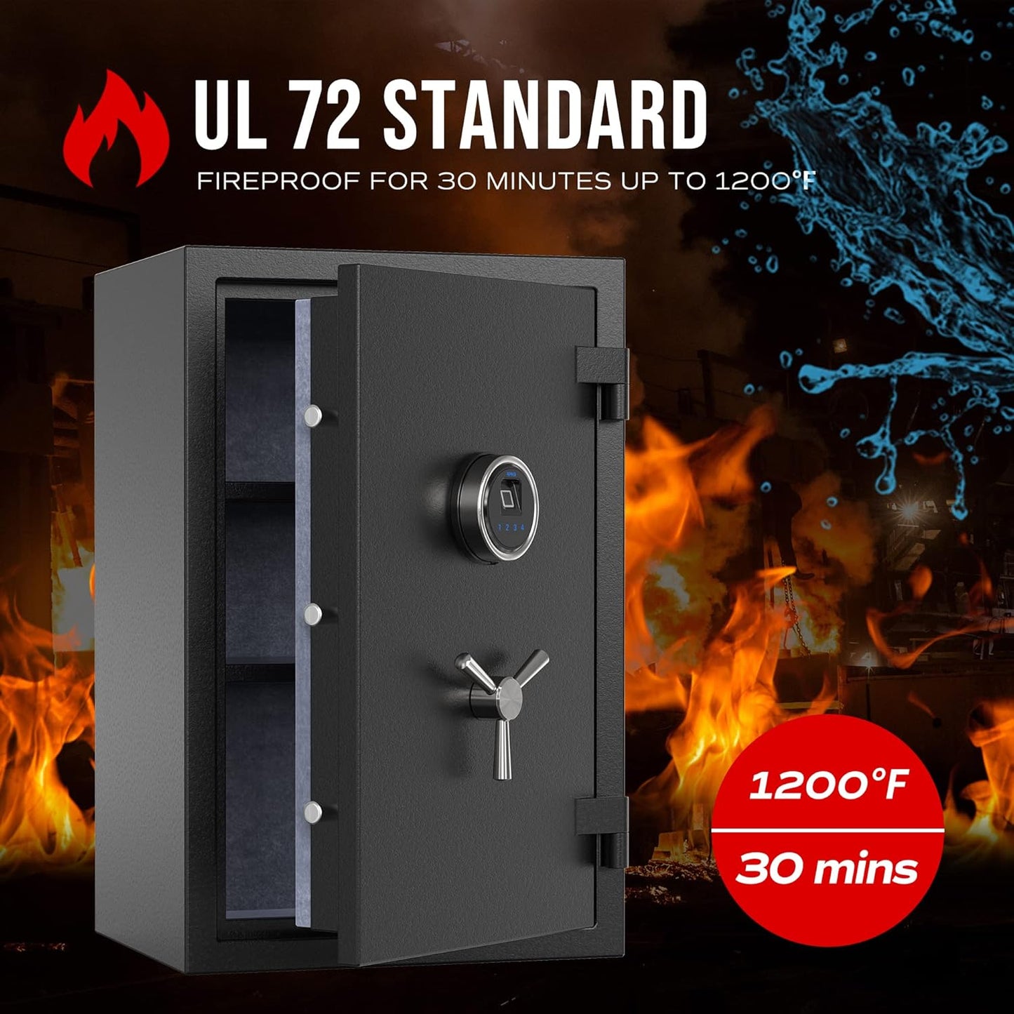 Biometric Fingerprint Fireproof Safe Box,Digital Fire Proof Safe with 3 Spoke Handle,Touch Screen and Removable Shelf,Fireproof Home Safes for Money Documents Jewelry and More,2.12 Cubic Feet