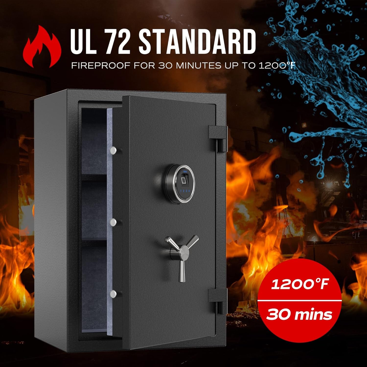Biometric Fingerprint Fireproof Safe Box,Digital Fire Proof Safe with 3 Spoke Handle,Touch Screen and Removable Shelf,Fireproof Home Safes for Money Documents Jewelry and More,2.12 Cubic Feet