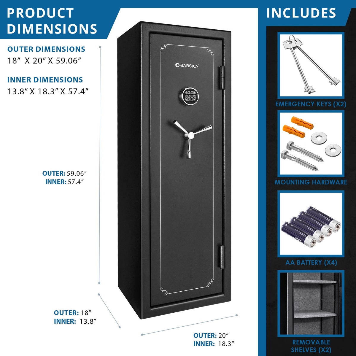 Barska Tall Fire Resistant Safe - 12.30 cu ft Exterior, 8.48 cu ft Interior, 14-Position Rifle Rack, Keypad with Backup Keys, Black