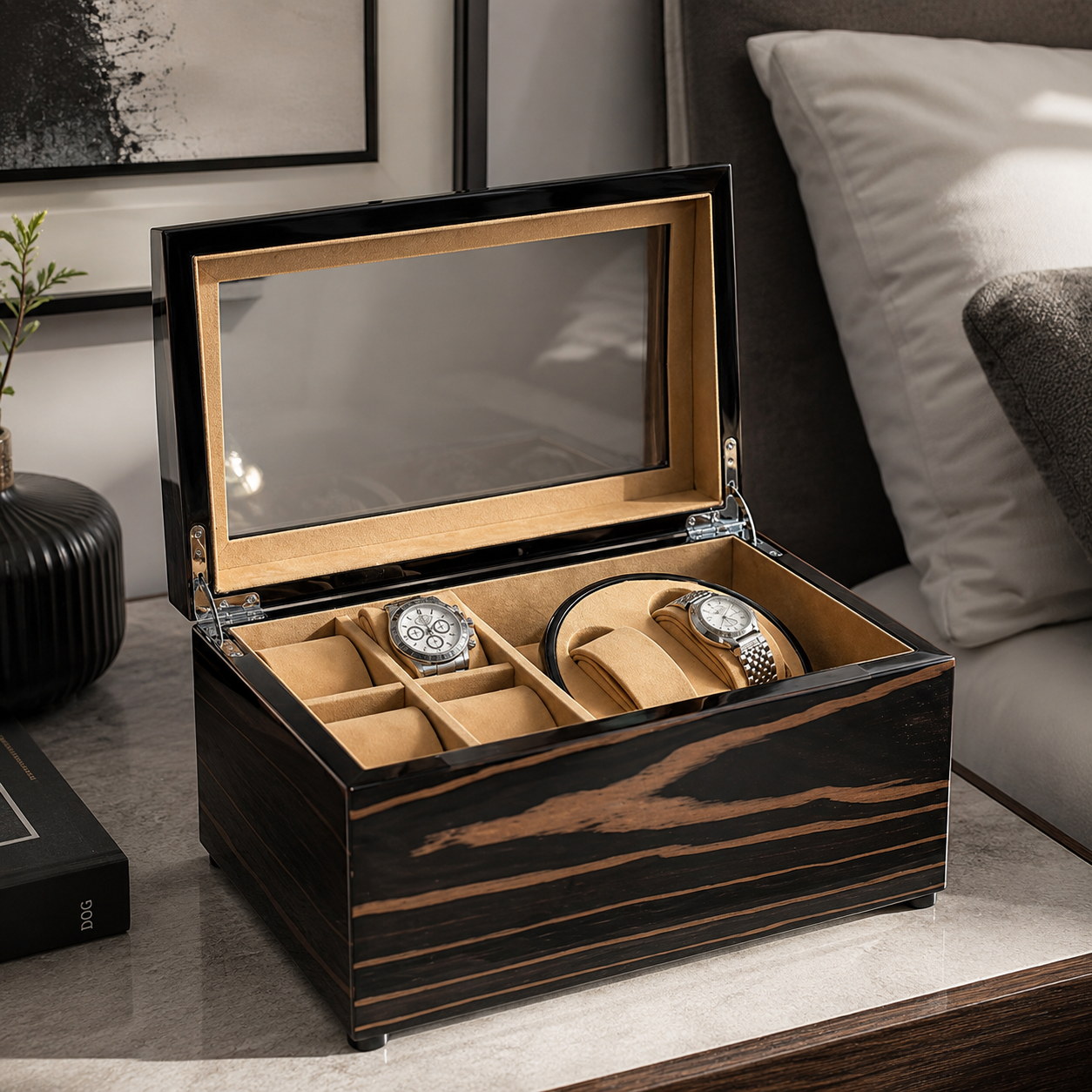Bey-Berk 2 Watch Winder & 4 Watch Storage in Lacquered Ebony Burl Wood