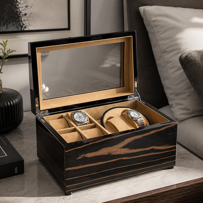 Bey-Berk 2 Watch Winder & 4 Watch Storage in Lacquered Ebony Burl Wood