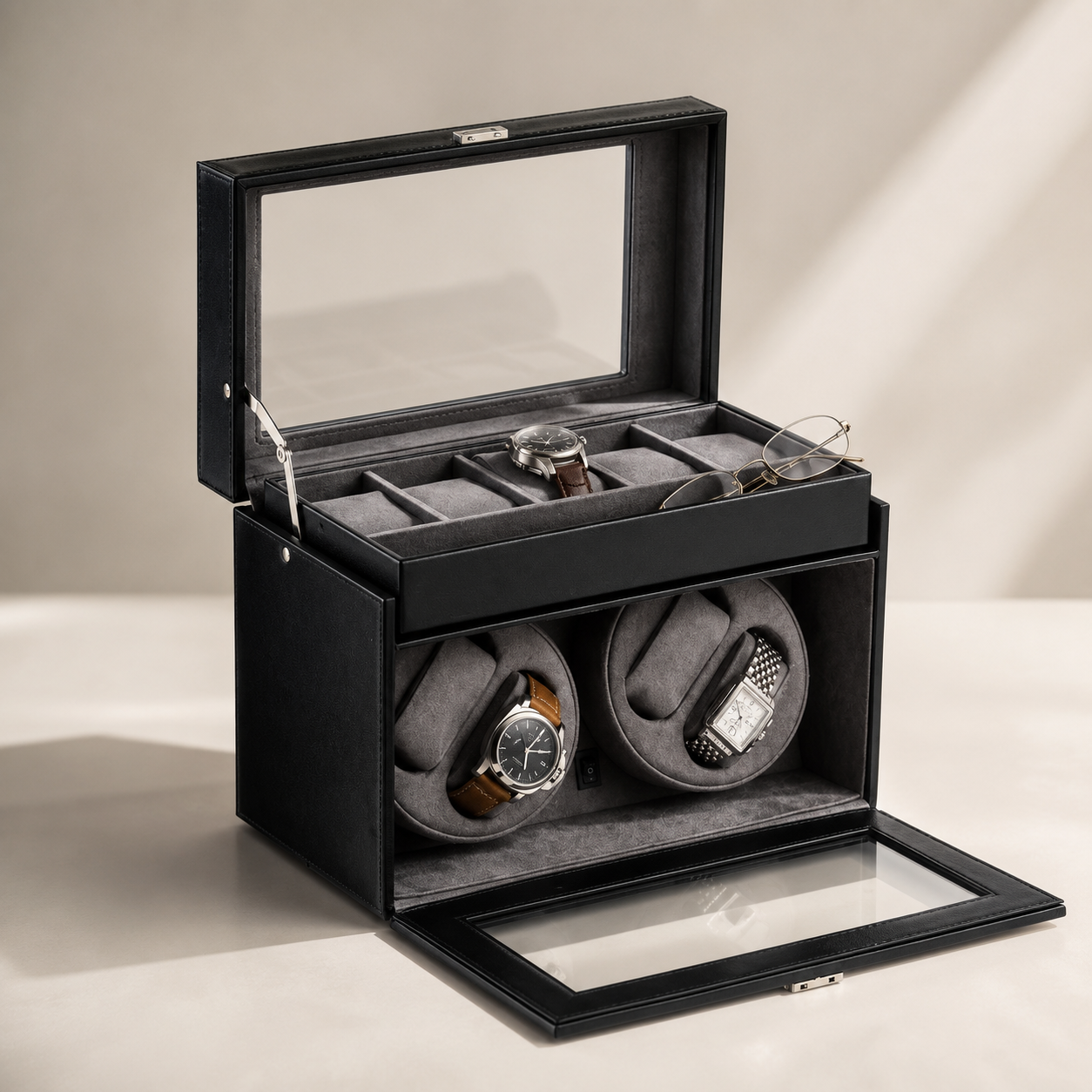 Bey-Berk 4 Watch Winder / 5 Watch Storage Case, Black leather