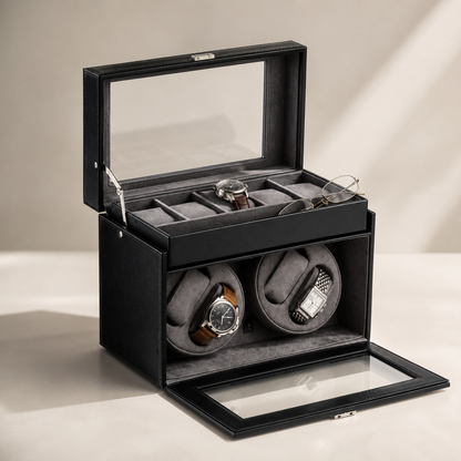 Bey-Berk 4 Watch Winder / 5 Watch Storage Case, Black leather