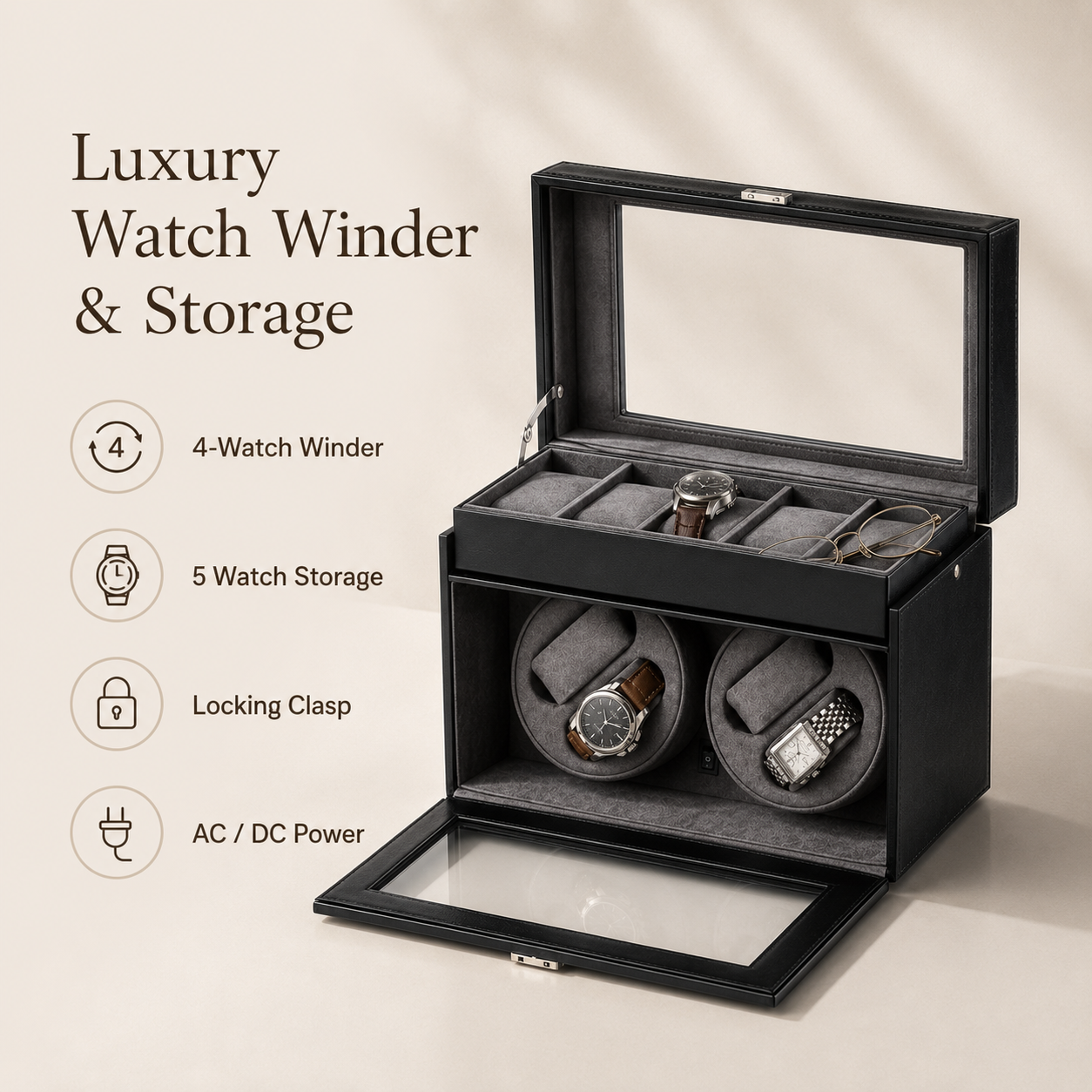 Bey-Berk 4 Watch Winder / 5 Watch Storage Case, Black leather