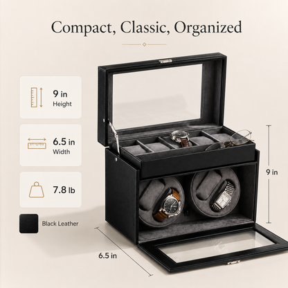 Bey-Berk 4 Watch Winder / 5 Watch Storage Case, Black leather