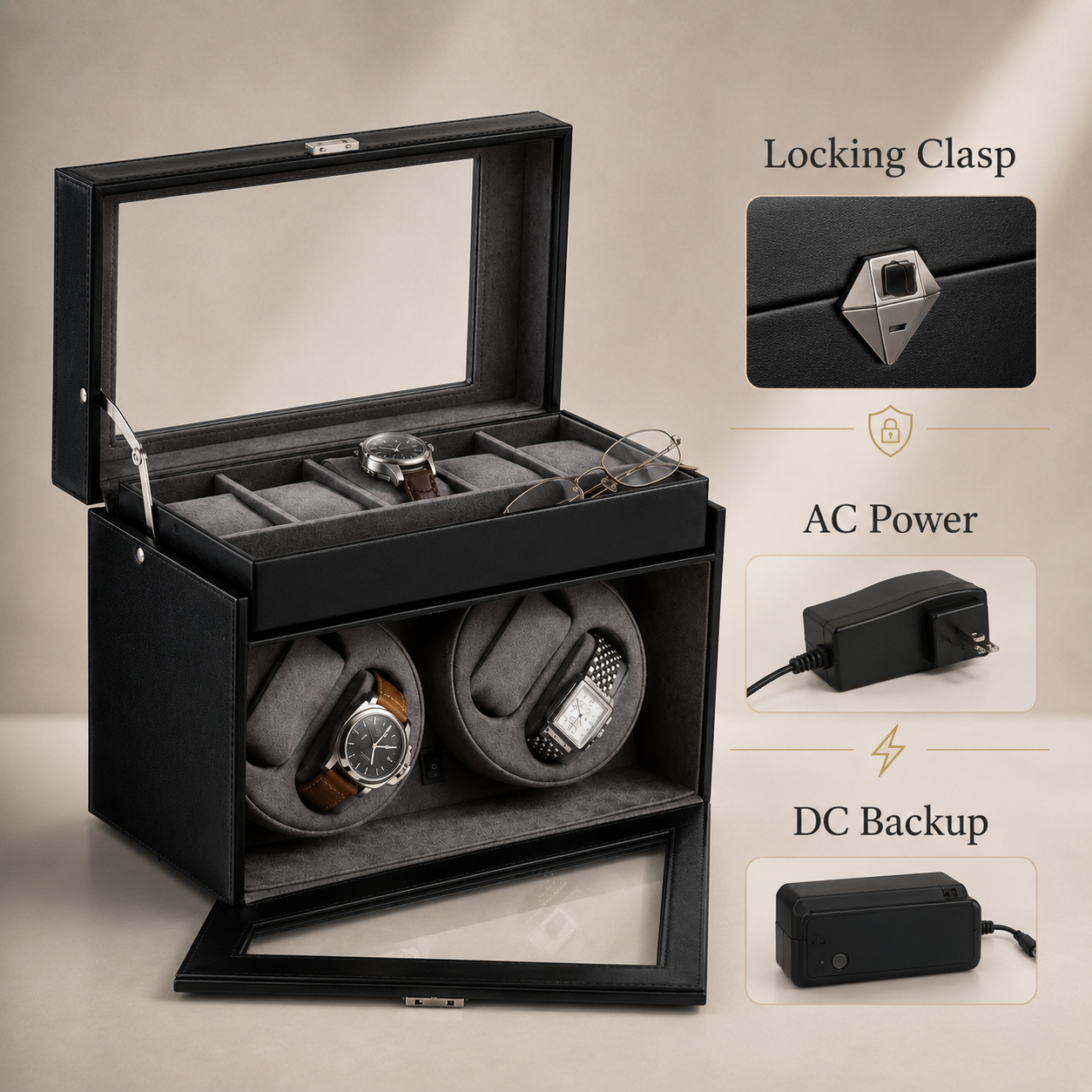 Bey-Berk 4 Watch Winder / 5 Watch Storage Case, Black leather