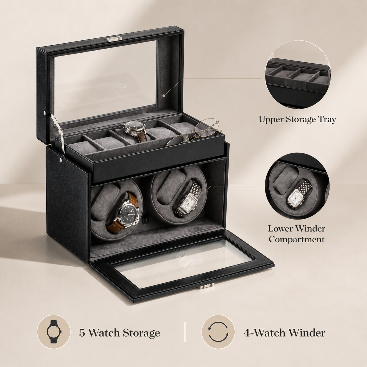 Bey-Berk 4 Watch Winder / 5 Watch Storage Case, Black leather