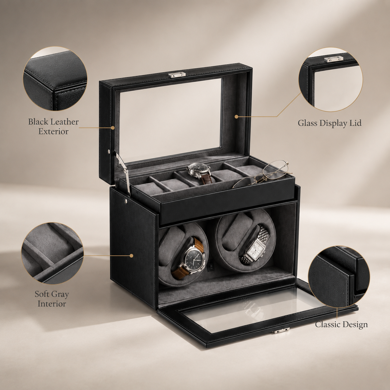 Bey-Berk 4 Watch Winder / 5 Watch Storage Case, Black leather