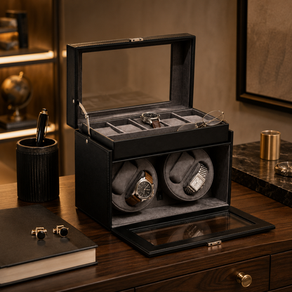 Bey-Berk 4 Watch Winder / 5 Watch Storage Case, Black leather