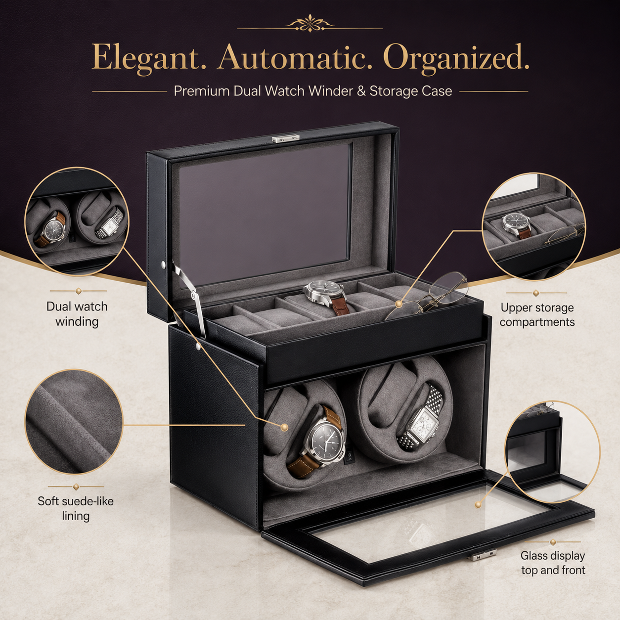 Bey-Berk 4 Watch Winder / 5 Watch Storage Case, Black leather