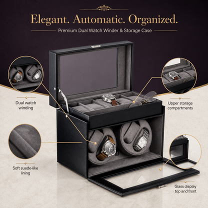 Bey-Berk 4 Watch Winder / 5 Watch Storage Case, Black leather