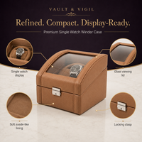 Bey-Berk 2 Watch Winder Crafted for Automatic Timepieces, Glass Top, Dual Pillow Slots, 2 Watch Capacity, Tan Leather
