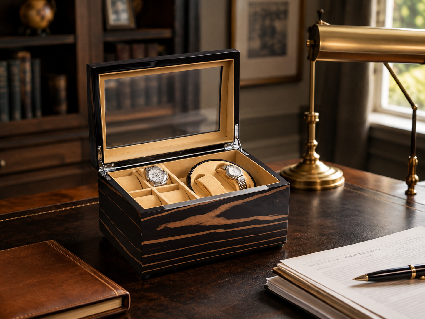 Bey-Berk 2 Watch Winder & 4 Watch Storage in Lacquered Ebony Burl Wood