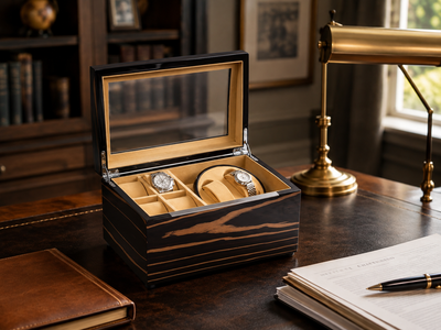 Bey-Berk 2 Watch Winder & 4 Watch Storage in Lacquered Ebony Burl Wood