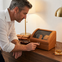 Bey-Berk 2 Watch Winder Crafted for Automatic Timepieces, Glass Top, Dual Pillow Slots, 2 Watch Capacity, Tan Leather