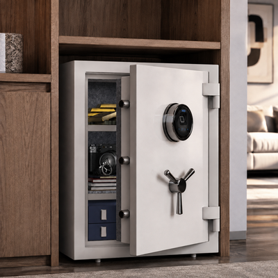 RPNB Biometric Fingerprint, Fireproof, Waterproof Safe with Touch screen with Touch Screen, Removable Shelf and 3 Spoke Handle for Cash Documents Jewelry, Color: White