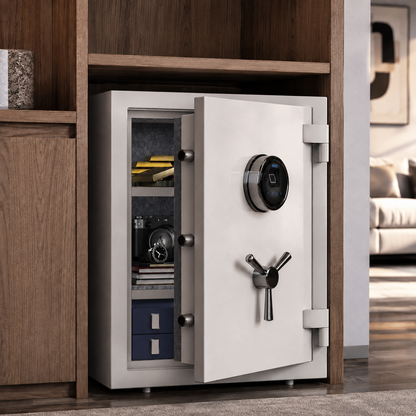 RPNB Biometric Fingerprint, Fireproof, Waterproof Safe with Touch screen with Touch Screen, Removable Shelf and 3 Spoke Handle for Cash Documents Jewelry, Color: White