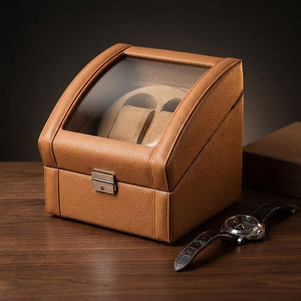 Tan Leather 2-Watch Winder — Studio Shot