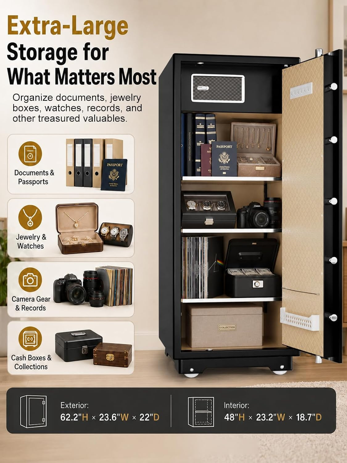 Extra Large Safe for Home 17.6 Cu Ft, 235 Lb Heavy Duty Steel | Spacious Interior Storage for Jewelry, Documents, Collections & Family Valuables, with Adjustable Shelves & Lock Box