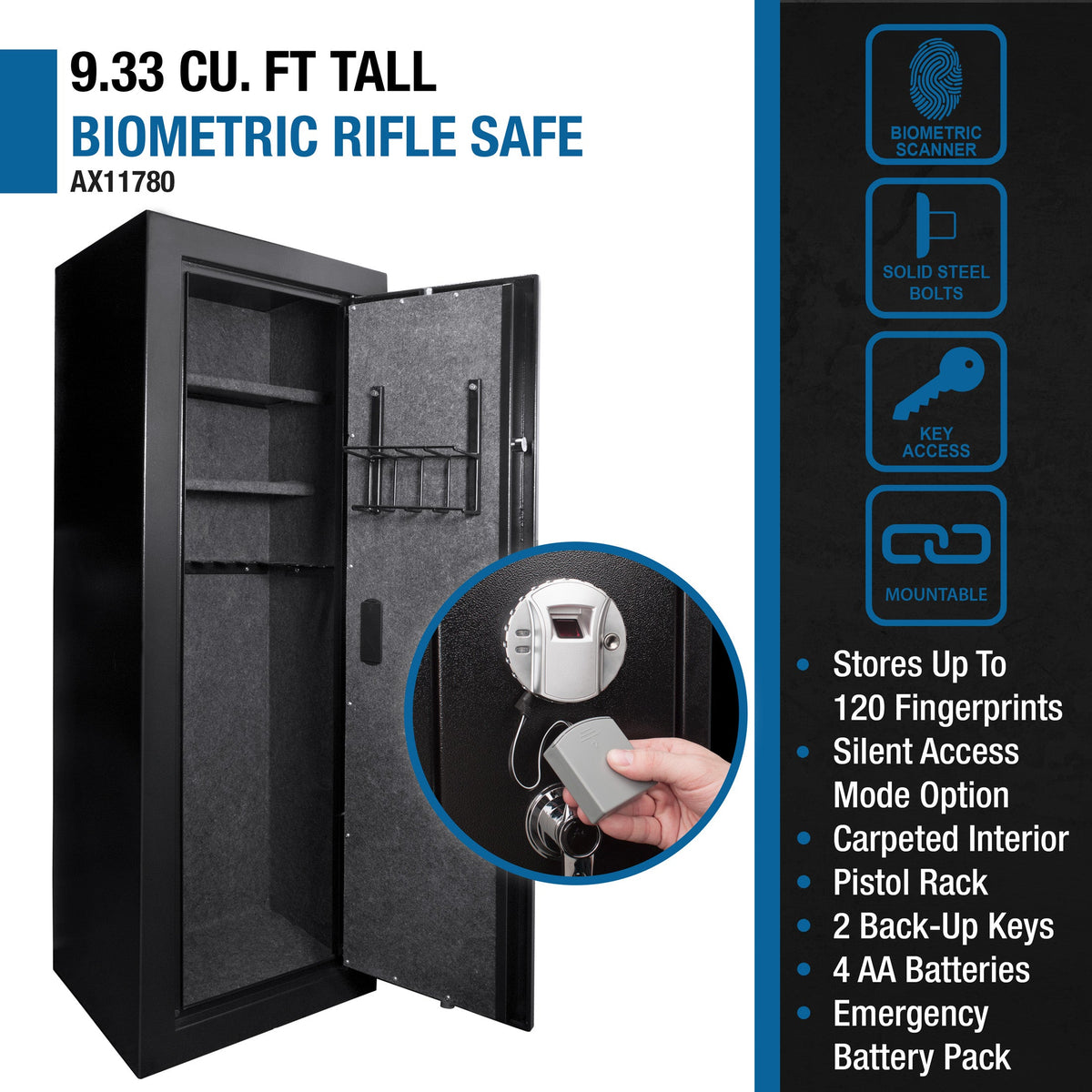 Barska Tall Biometric Rifle Safe - 9.33 cu ft Interior, AX11780