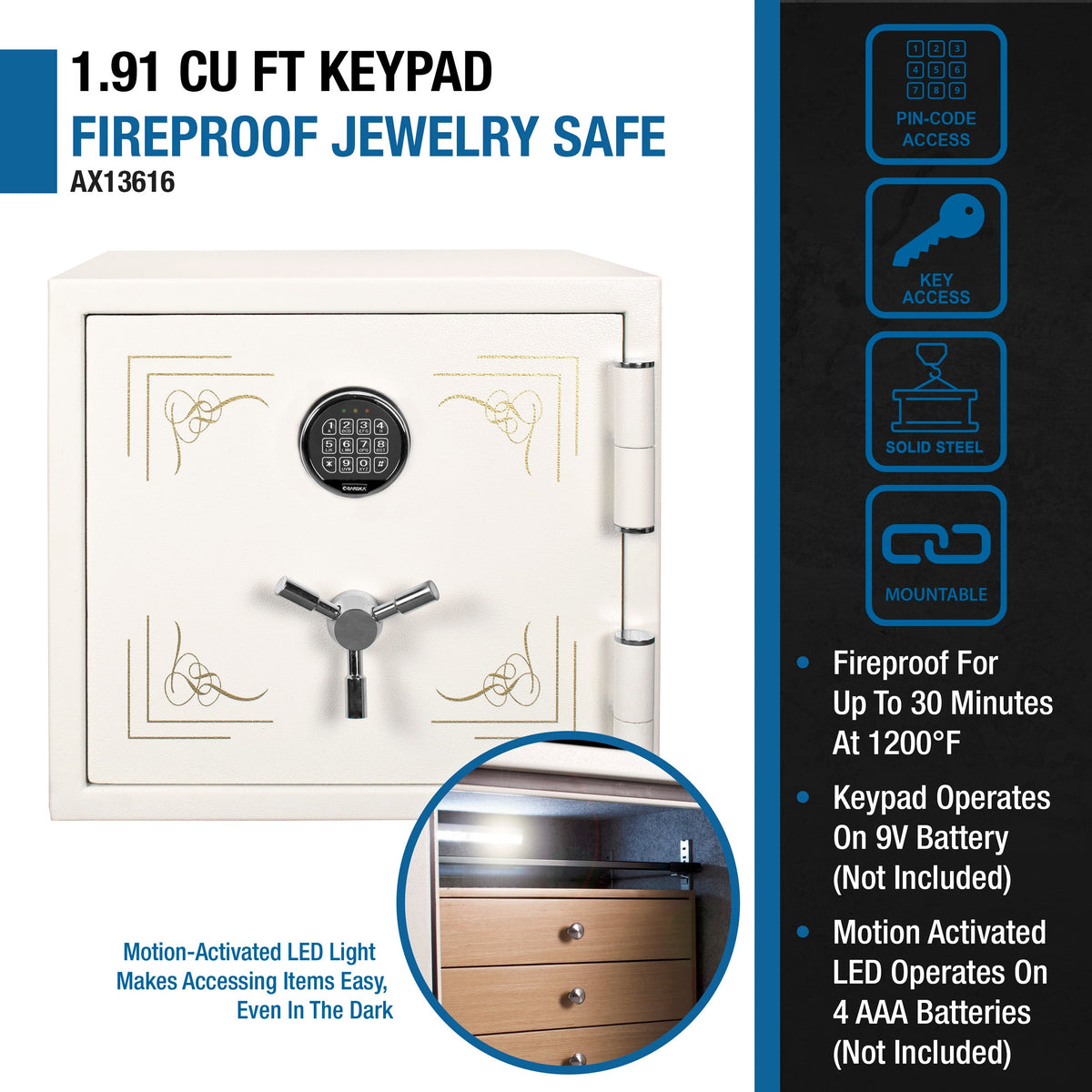 Barska Fireproof Jewelry Safe - 1.91 cu ft Interior, Keypad, AX13616