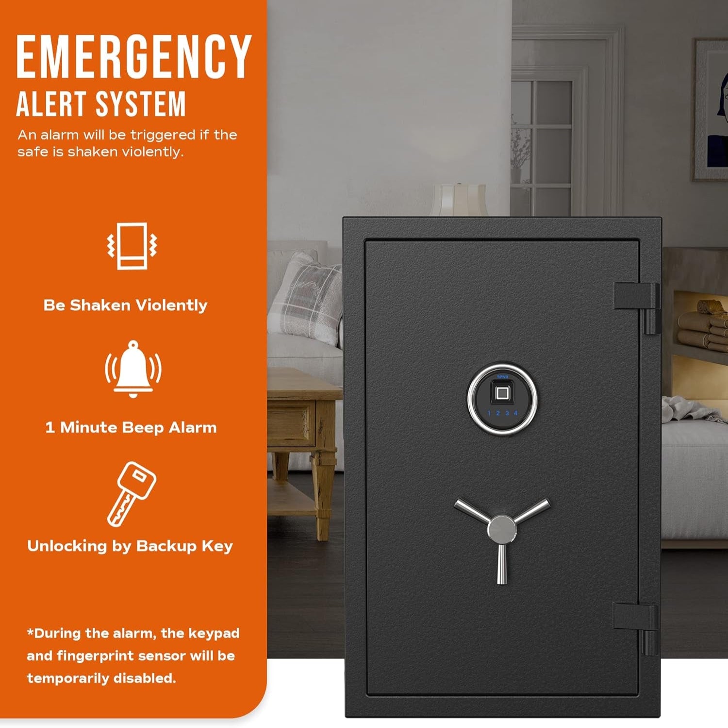 Biometric Fingerprint Fireproof Safe Box,Digital Fire Proof Safe with 3 Spoke Handle,Touch Screen and Removable Shelf,Fireproof Home Safes for Money Documents Jewelry and More,2.12 Cubic Feet
