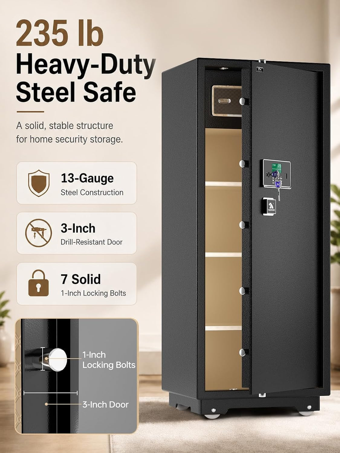 Extra Large Safe for Home 17.6 Cu Ft, 235 Lb Heavy Duty Steel | Spacious Interior Storage for Jewelry, Documents, Collections & Family Valuables, with Adjustable Shelves & Lock Box